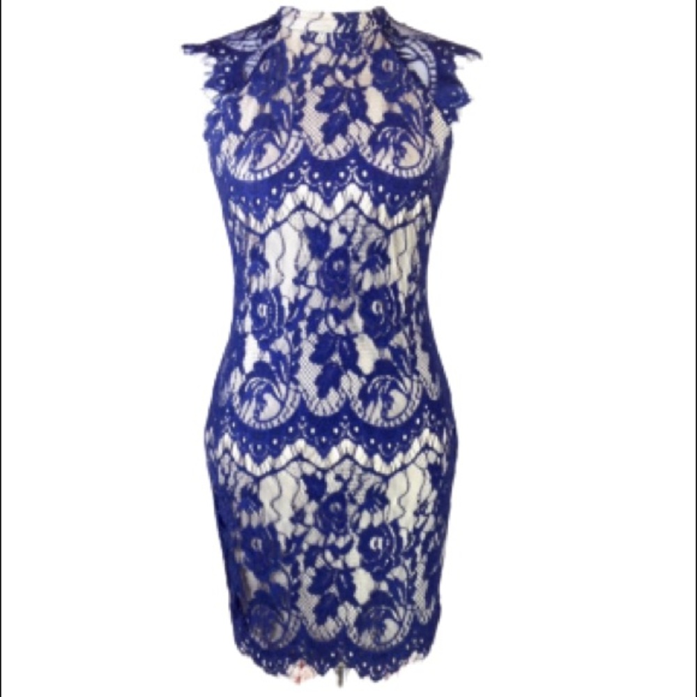 Navy Blue Eyelash Lace High Neck Sleeveless Dress